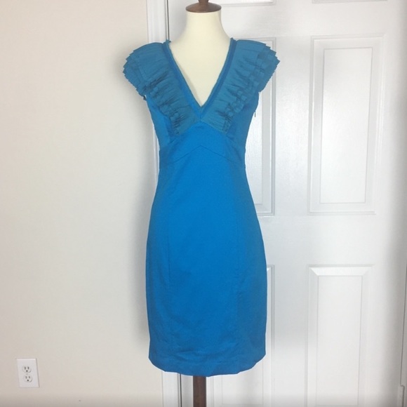 Ted Baker London Vibrant Blue V-Neck Ruffle Neck/Sleeves Cotton Cocktail Dress M - Picture 2 of 16